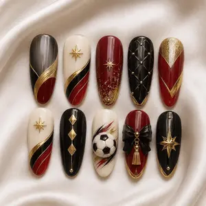 Germany Soccer Press On Nails 3D Black Red Gold Football Game Day