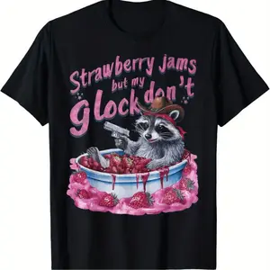 [100% Cotton] Playful Raccoon Cowboy Cotton Tee Featuring Strawberry Jam And Toy Gun Design Golf Gift T-Shirt For Men And Women  Golf Gift T-Shirt For Men and Women