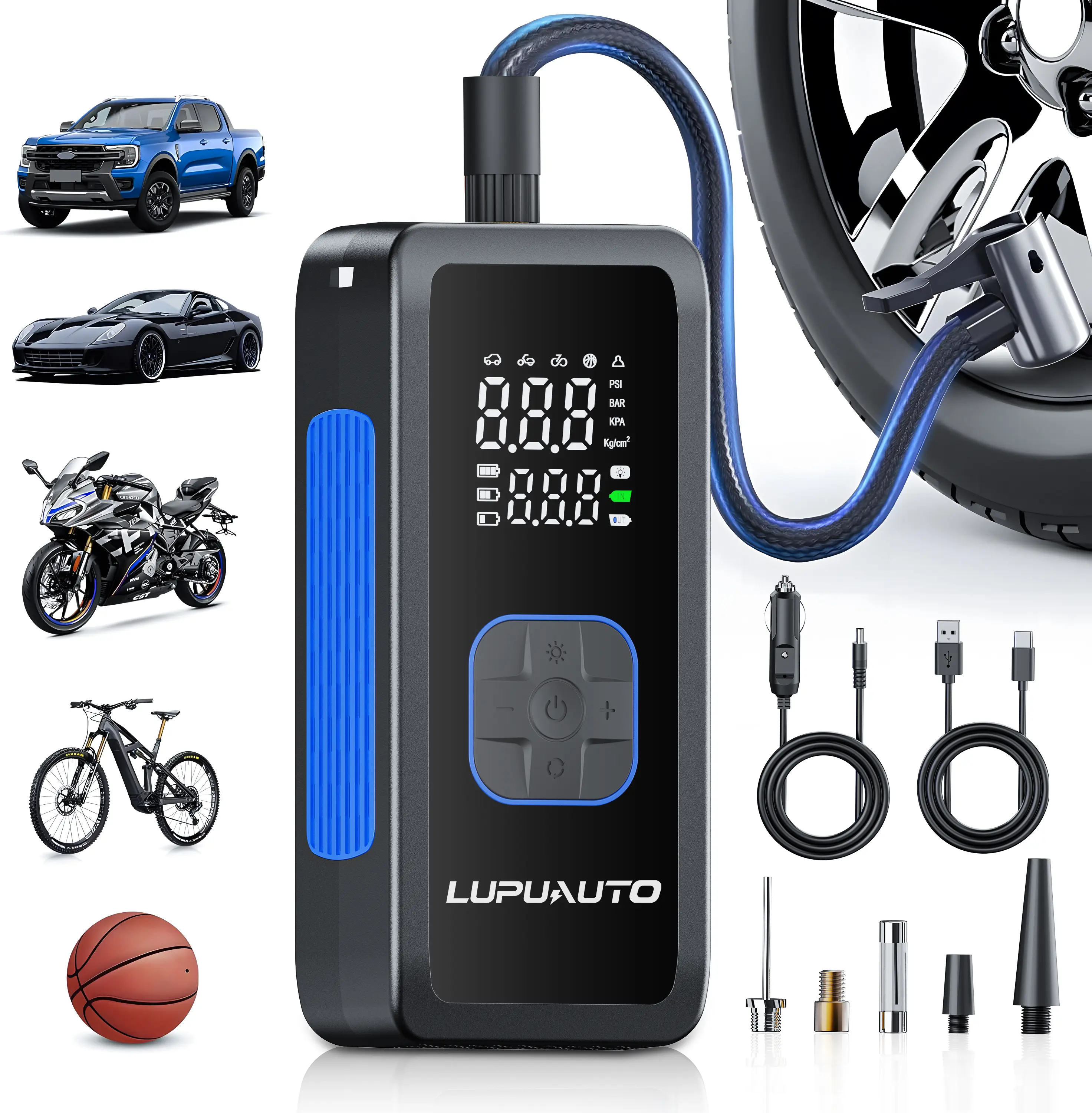 LupuAuto Portable Wireless Automotive Tire Inflator - Car Repair Tool with Digital Display, Fast Inflation, Auto Shut-off, LED Light, 4 Modes, Emergency Vehicle Starting Power for Cars, Bicycles, Vehicle Tire Inflator