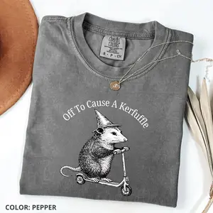 Comfort Colors Off To Cause A Kerfuffle Shirt, Funny Opossum Scooter T Shirt, Mental Health Tee, Sarcastic Humor Shirt, Animal Lover Gift