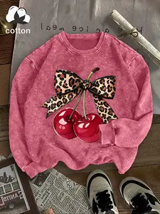 Cherry Leopard Bow Print Casual Vintage Washed Cotton Long Sleeve Hoodie, Round Neck Sporty Women's Pullover, Fall & Winter Fitted Sweatshirt