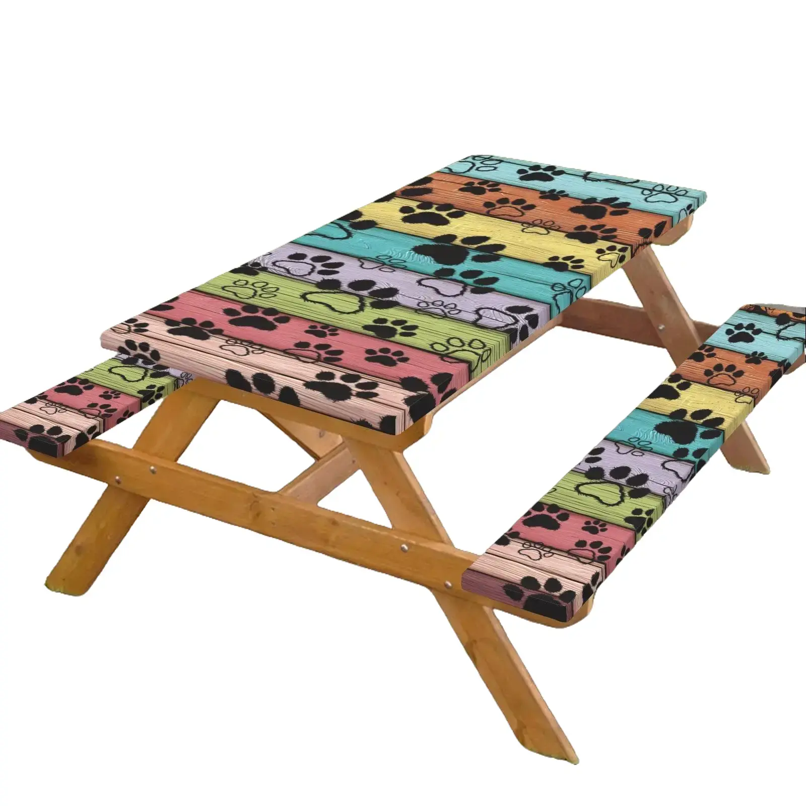 72x30 in Easy Fitting Large Rectangular Stretch Fabric Fitted Picnic Table & Bench Cover Set, Heavy Duty Waterproof Windproof Outdoor Tablecloth with Rustic Wooden Prints for Backyard Events, Picnics