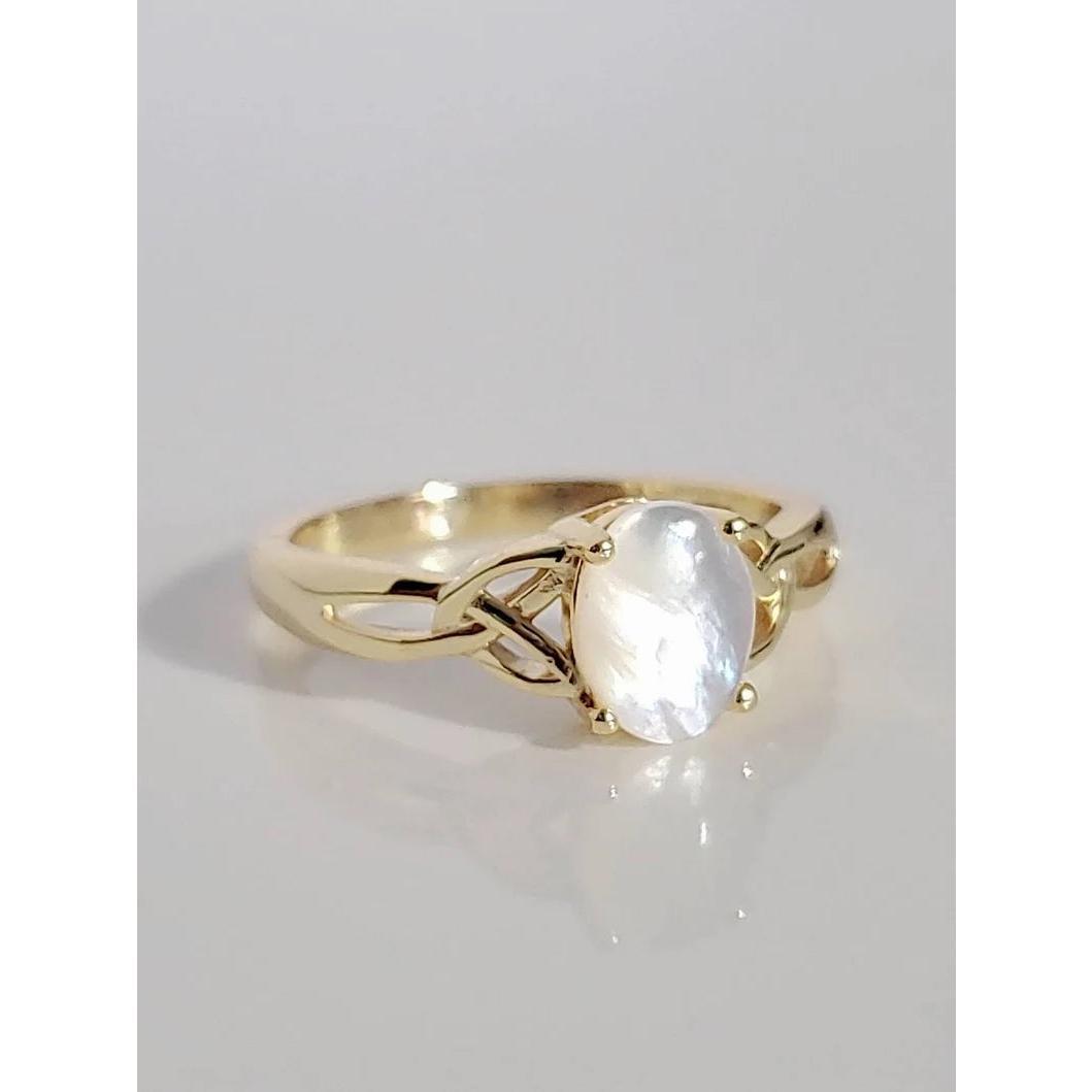 Mother of Pearl Gold Celtic Ring - 925 Sterling Silver with 14K Yellow Gold Finish, Oval Stone, 1 Stone, High Polish Finish