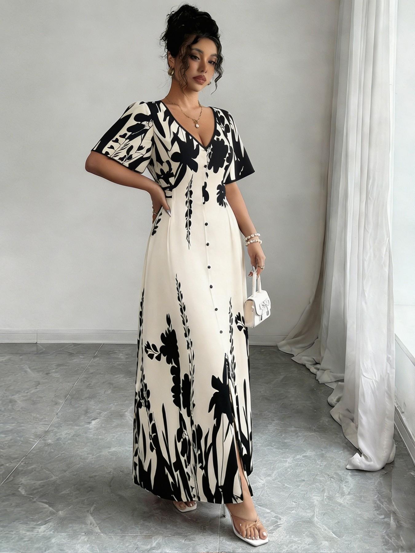 Women’s V-Neck Floral Short-Sleeve Dress with A Cinched Waist—A Fashionable Summer Printed Casual and Comfortable Dress Suitable for Everyday Commuting, Vacations, Parties, and Dates.