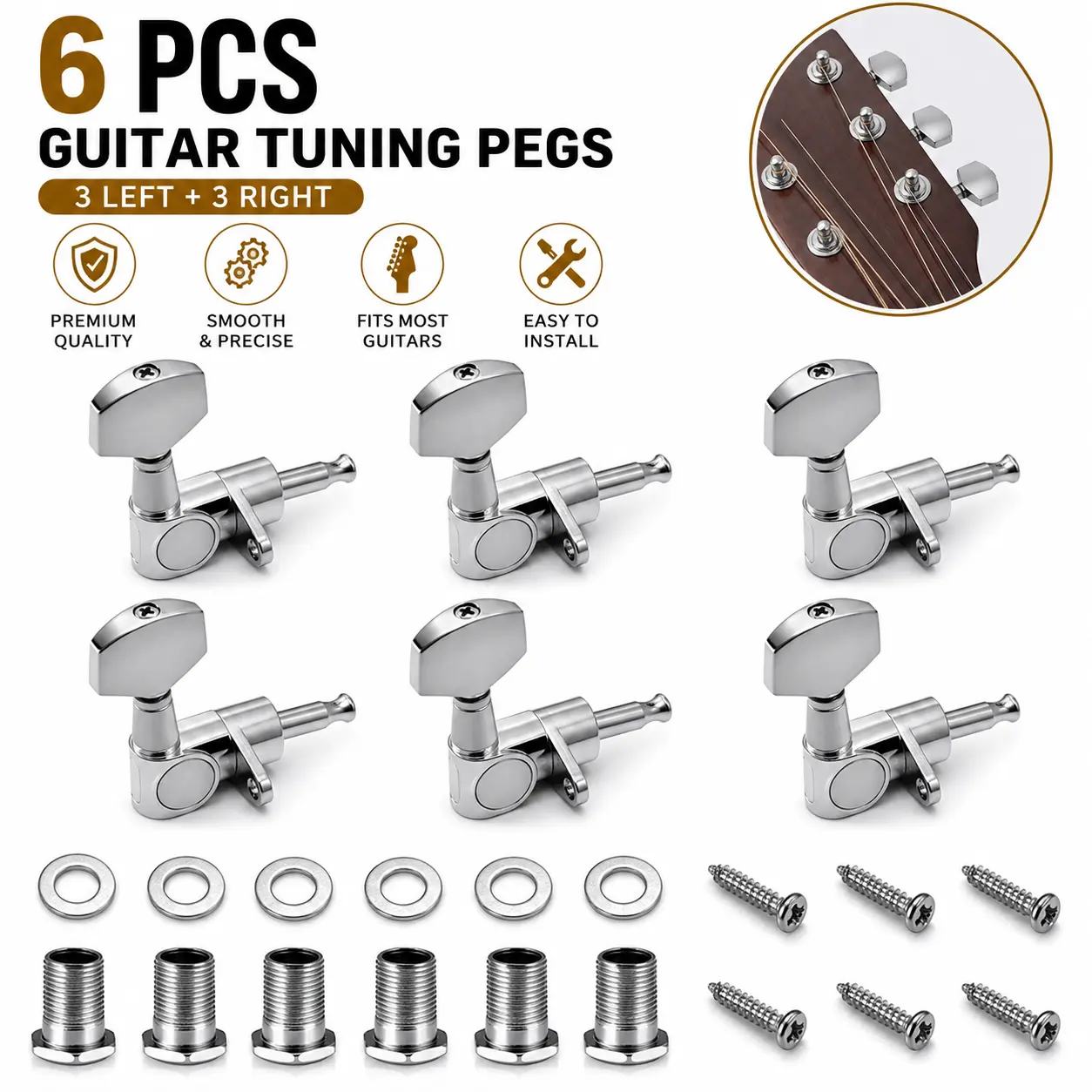 6 Pieces Guitar Machine Heads Knobs Guitar String Tuning Pegs Machine Head Tuners for Electric or Acoustic Guitar (3 Left + 3 Right)
