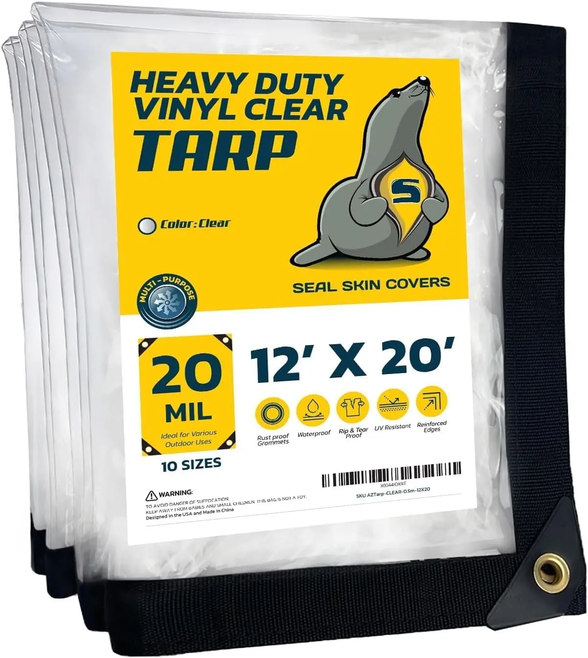Seal Skin Covers Waterproof Clear Tarp 12x20 FT, 20 Mil 18 OZ 560 GSM Heavy Duty Transparent Vinyl Tarpaulin with Grommets