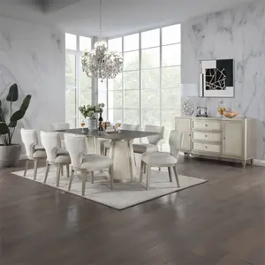 Acme DN02011-7PC 7 pc Kasa champagne finish wood stone top grey linen fabric dining table set