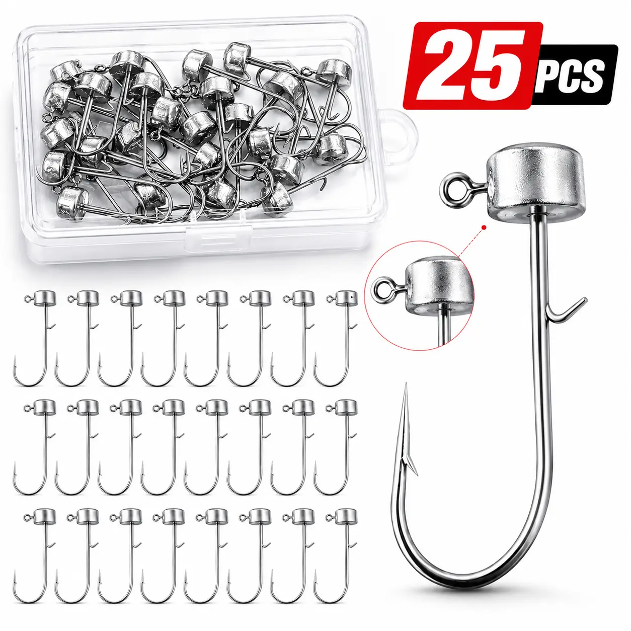 25pcs 1/8oz Ned Rig Jig Heads Set with Hooks Box – Mushroom Head Ned Rig Hooks for Bass Crappie Trout, Finesse Bass Fishing Jig Head Hooks