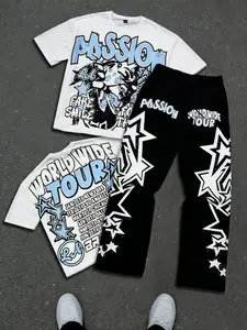Y2K Aesthetic Streetwear "PASSION Worldwide Tour" Graphic T-Shirt & Pants Set | Trendy Hip Hop Star-Print 2 Piece Outfit | Casual Daily/Street Style Fashion | Bold Graffiti Print Oversized Fit Streetwear Co-ord