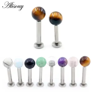 Alisouy 1PC Stainless Steel Natural Stone Ball Tragus Helix Bar Labret Lip Rings Cartilage Ear Earring Piercings Body Jewelry