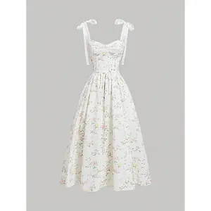 Romantic Floral Printed Shoulder Strap Tie Waist Women's Summer Dress,Summer Women Dresses, Bridgerton Style Dress, Floral Dress, Sundress,Summer Dresses For Women,White Graduation Dress Fit Casual