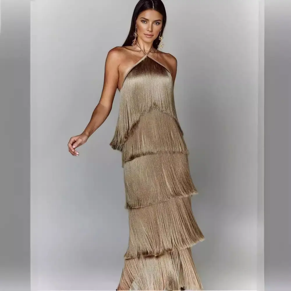Women's Formal Halter Backless Tiered Tassel Midi Dress - Sleeveless Swing Fringed, 4 Colors Available, for Party Club Evening | Womenswear