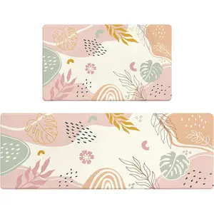 Boho Kitchen Rug Mats for Floor Cushioned Anti Fatigue Pink Kitchen Rugs Sets of 2 Botanical Non Slip Waterproof Comfort Memory Foam Standing Floor Mat for Office Laundry Sink Desk