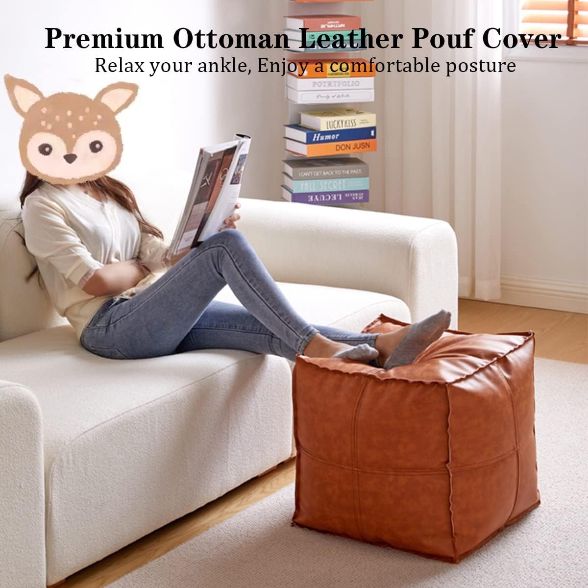 Soft Leather Pouf Ottoman Foot Rest, Unstuffed Floor Cushion with Storage, Handcrafted Foot Stool for Living Room Bedroom, Indoor Outdoor Use, 17 Inch