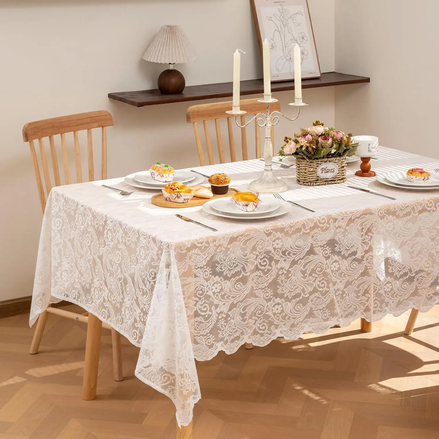 Lace Tablecloth, Rectangular Phoenix Tail Flower Embroidery Tablecloth, Table Decoration Supplies, Holiday Decor for Home Party Wedding, Ornaments, Candles