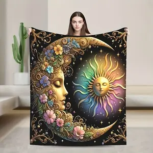 【Flannel Blanket】Bohemian Sun and Moon Flannel Throw Blanket - Dreamy Starry Harmony Design with Floral Patterns, All-Season Lightweight Blanket for Sofa, Bed, Travel, or Office, Machine Washable, Sofa Throw Blanket | Floral Pattern Blanket