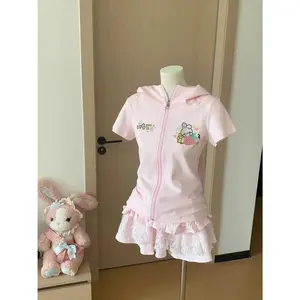 Women Kawaii Pink Hoodie with Ears Japanese Soft Girl Aesthetic Short Sleeve Summer T-Shirt Jacket