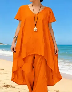 Plus-Size Women's Orange Elegant Solid-Color Casual Sports Set Short-Sleeve V-Neck Asymmetrical Hem Top & Wide-Leg Pants Machine Washable Chic Everyday Wear Fashion 2 Pieces Suits