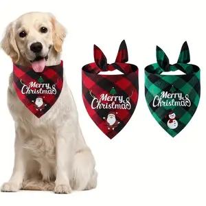 Christmas Dog & Cat Bandana Scarf - Plaid Red/Green Tartan with Merry Christmas Lettering & Snowman Print - Soft Messy for Small Pets - Small/Medium Puppy & Kitten Collar Accessory (Red/Green/Black)