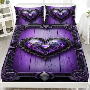 Fitted Sheet 3-Piece Set - 2D Flat Printed Purple-Black Heart Pattern Mattress Covers, Available in 10 Sizes (1 fitted sheet + 2 pillowcases, no insert). skin-friendly and breathable bedding, suitable for family bedrooms .