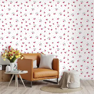 1pc of fresh and cute strawberry, cherry, and polka dot printed PVC wallpaper for home decoration. It has adhesive backing for easy peeling and pasting. Suitable for covering dirty or messy walls, decorating old walls, and renovating all types of walls.