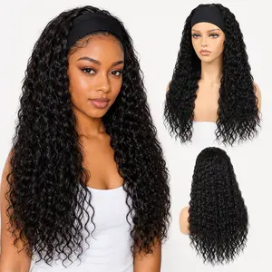 Deep Wave Headband Wig for Black Women 24 Inches Natural Color 180% Density Wet & Wavy Design Machine Made Synthetic Wigs with Headband Attached