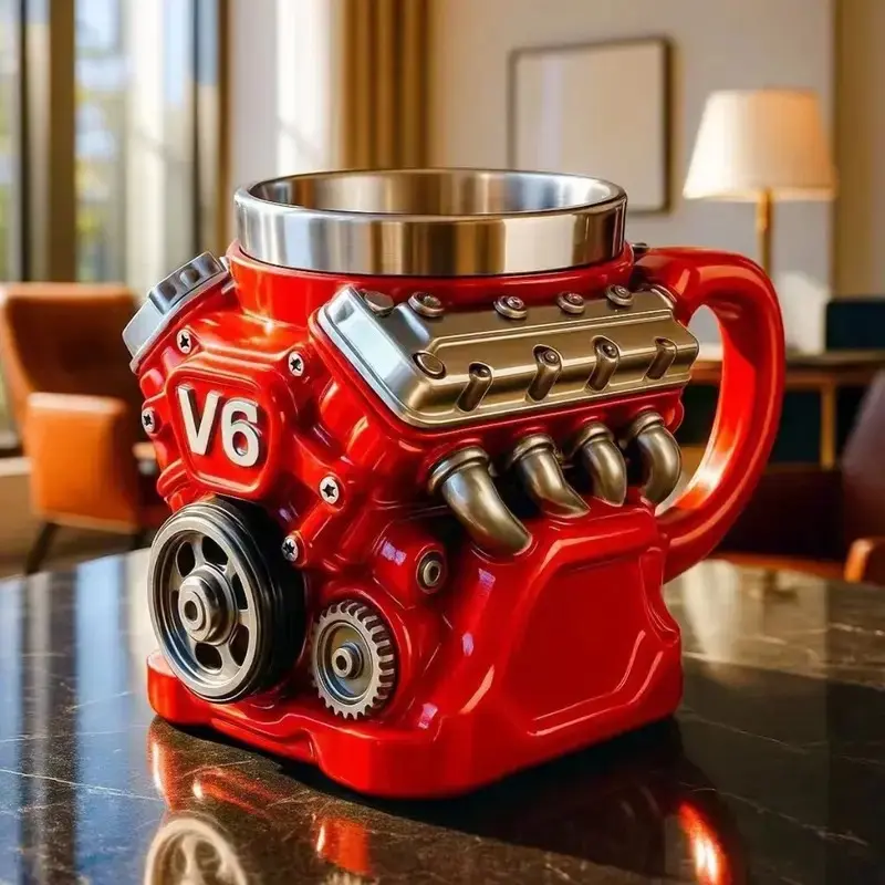 Engine Theme Coffee Mug, Vintage Style Realistic V8 Engine Design Stainless Steel Cup, Personalized Dual Layer Insulated Car Cup with Handle, Thermal Cup