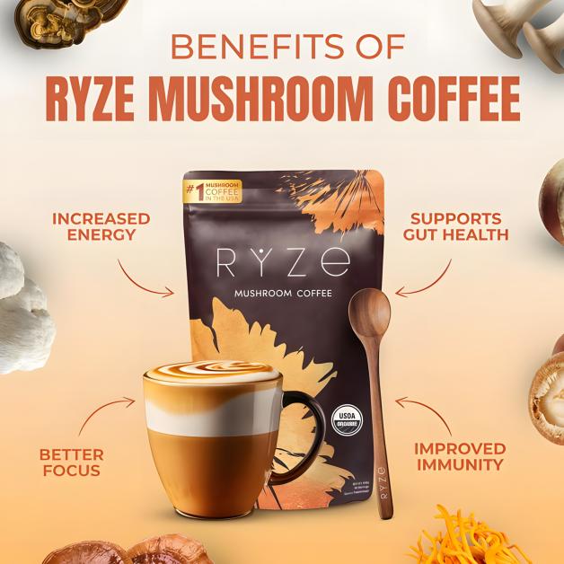 3 Bags RYZE SUPERFOODS Mushroom Medium Roast Coffee USDA Organic with 6 Adaptogenic Mushrooms, USA Grown Instant Coffee for Better Energy, Focus Digestion Immunity