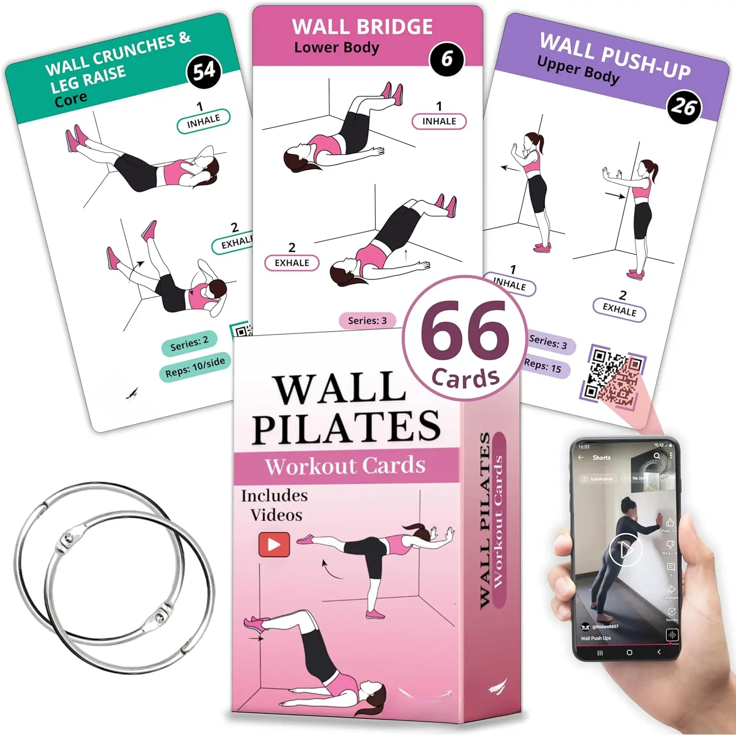 Wall Pilates Workouts for Women - 66 Exercise Cards with Videos & Workout Plan - Includes 5-Week Challenge, E-book, Chart & 2 Rings for Easy Organization - Home Pilates Workout Guide