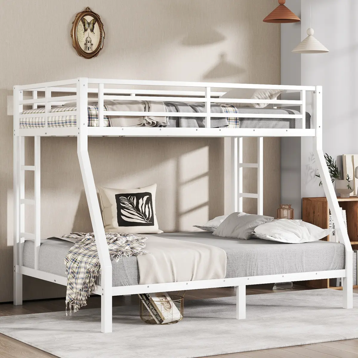 Heavy Duty Metal Twin over Full Bunk Bed - Modern Furniture, Space-Saving, Noise-Reduced, No Box Spring Needed, Step-by-Step Setup, 350lbs for Bottom Bed, White (for Teens/Adults)