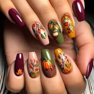 Element Maple Leaf Pumpkin Branch Nail Art Wine Wearable Nails, Fall Halloween Design, Perfect for Autumn Manicure