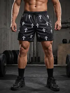 Cross Print Gym Workout Fitness Shorts for Men, Summer Running Basketball Training Sporty Shorts with Side Pockets, Drawstring Elastic Waist