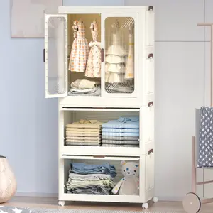 Portable Wardrobe Closet with Drawers, Magnetic Doors, 4 Cubes & Hanging Rod, 10 Hangers, Large Foldable Armoire for Clothes Storage, Wardrobe Storage Cabinet for Families, Baby, Easy Assembly