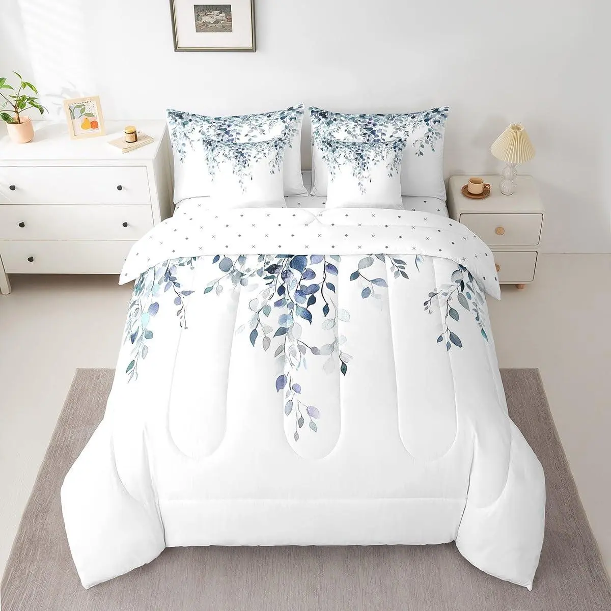 7 Piece Navy Blue Eucalyptus Sheet Set with Comforter,Watercolor Plant Leaves Bedding Sets Botanical Rustic Farmhouse Bed in A Bag Adult Women Room,Minimalist Bed Set