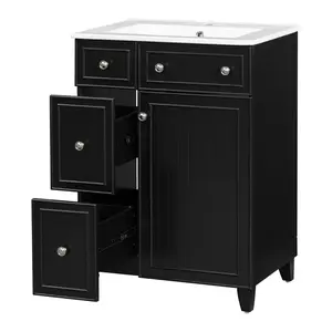 Black 24" Small Bathroom Vanity with Ceramic Sink MDF Cabinet Solid Wood Feet 2 Drawers 1 Door Soft-Close Hinges Modern Freestanding Storage Vanity for Small Spaces