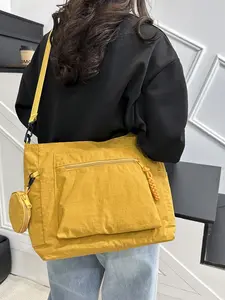 New Korean Style Nylon Tote Bag for Women, Large Capacity Commuter Casual Shoulder Bag, Adjustable Strap, Waterproof, Multi-Layer, Zip Closure