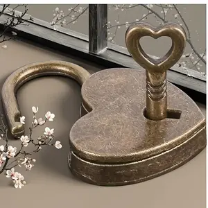 Antique-Style Small Heart-Shaped Metal Lock with Key, Durable Bronze End, Home Security, Decorative & Practical, Includes Key Holder