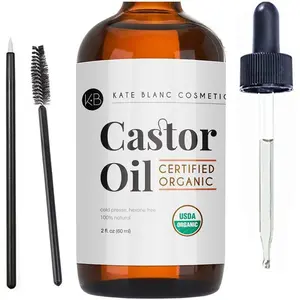 Kate Blanc Cosmetics Castor Oil (2oz), USDA Certified Organic, 100% Pure, Cold Pressed, Hexane Free. Stimulate Growth for Eyelashes, Eyebrows, Hair. Skin Moisturizer & Hair Treatment Starter Kit