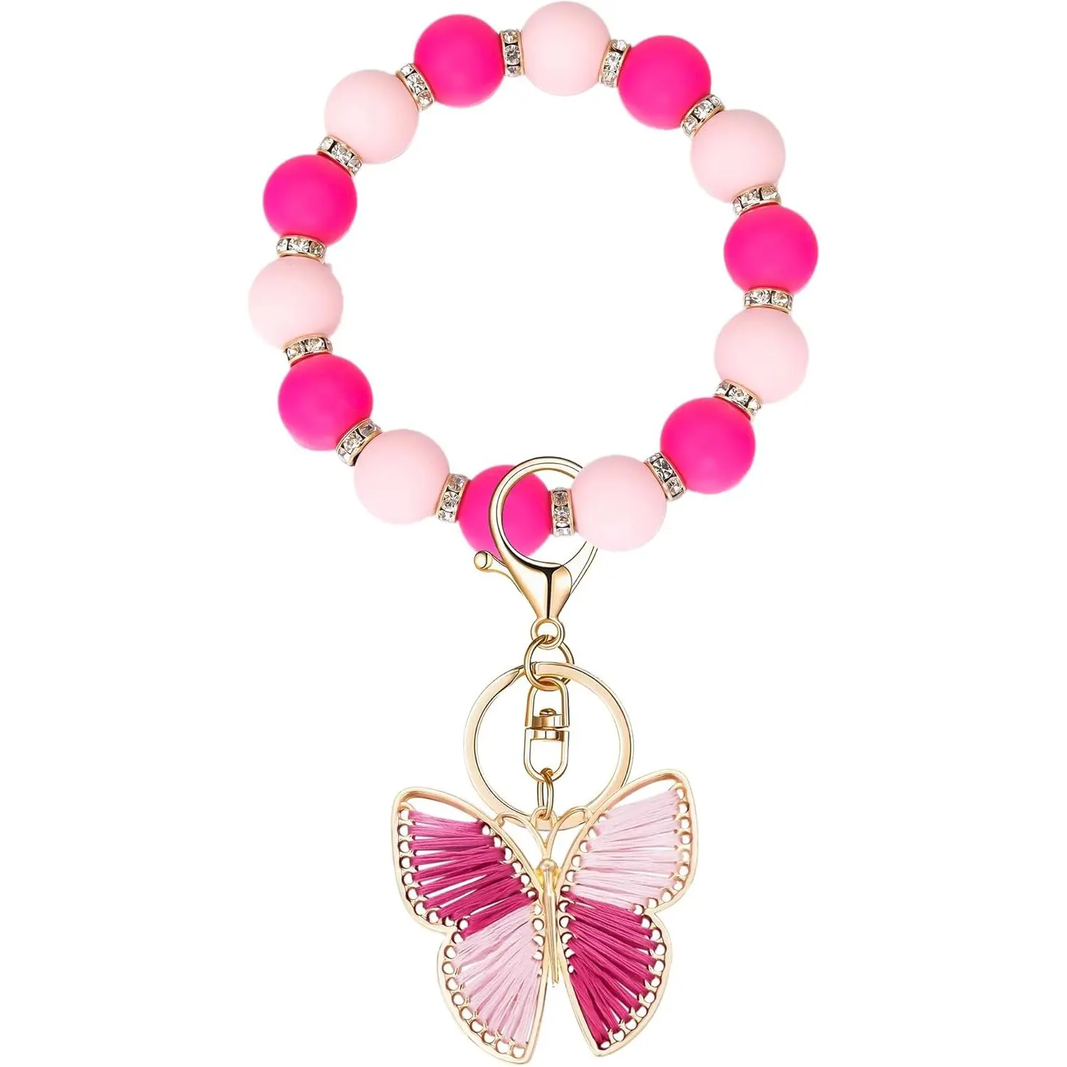 Silicone Beaded Bangle Key Ring With Butterfly Pendant Wristlet Bracelet Keychain For Women