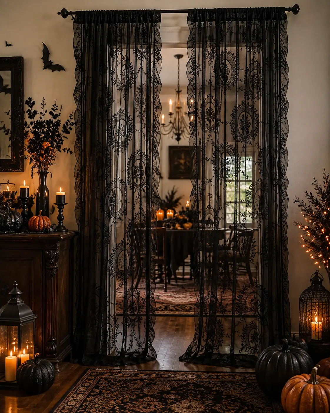 Vintage Floral Lace Doorway Curtain, Sheer Ruffle Window Curtain for Bedroom & Living Room, Gothic Cottagecore Fall Halloween Christmas Home Decor