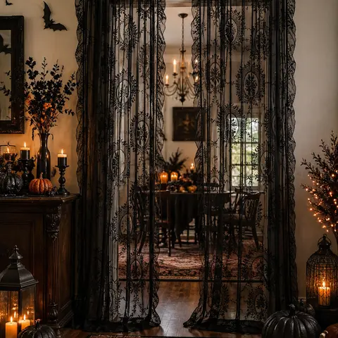 Vintage Floral Lace Doorway Curtain, Sheer Ruffle Window Curtain for Bedroom & Living Room, Gothic Cottagecore Fall Halloween Christmas Home Decor