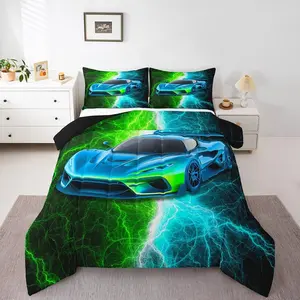 Feelyou Race Car Microfiber Comforter Set - Breathable Polyester Bedding Set with Sporty Look, Travel-Friendly Microfiber Blanket, Green Teal Quilt for Boys (Multi-Size)