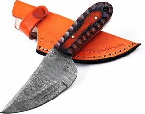 Damascus Knife with Leather Sheath Camping Outdoor Red Black Wood Handle