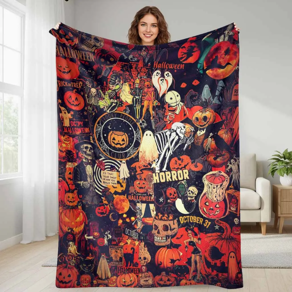 Vintage Halloween Flannel Blanket, Spooky Pumpkin Skeleton Print, Ultra Soft Plush Throw Bedding, Breathable Warm, Ideal for Cozy Couch Snuggling, Fall Home Decor, Unique Seasonal Gift for Spooky Festive Enthusiasts