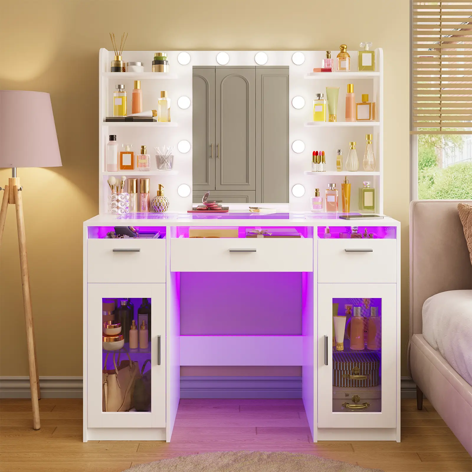 Vanity Desk, Makeup Vanity Desk with Mirror and Lights, Transparent Top with 3 RGB Drawers, 6 Shelves, 2/3 Large Tempered Cabinets, Power Outlet, for Bedroom, White or Black, tiktokshopstockup