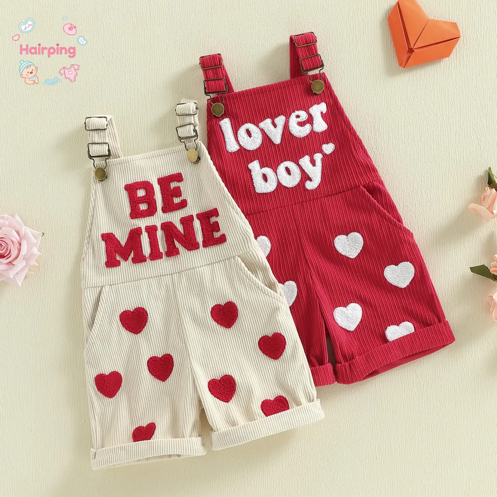 Toddler Valentines Overalls with Pockets, Loose Fit Letter Love Heart Embroidered Square Neck Sleeveless Infant Jumpsuit, Sweet Newborn Outfit Set, Breathable & Adorable for New Arrivals