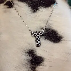 Checkerboard Letter Necklace - Silver Chain & Black & White Pendant - Fashion Jewelry for Women