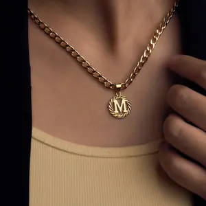 XINCY Golden Initial Necklace, Golden Round Letter Pendant, Hollow Capital Letter Letter Symbol, 5mm Cuban Chain Necklace Letter A-Z Fine Jewelry For Men