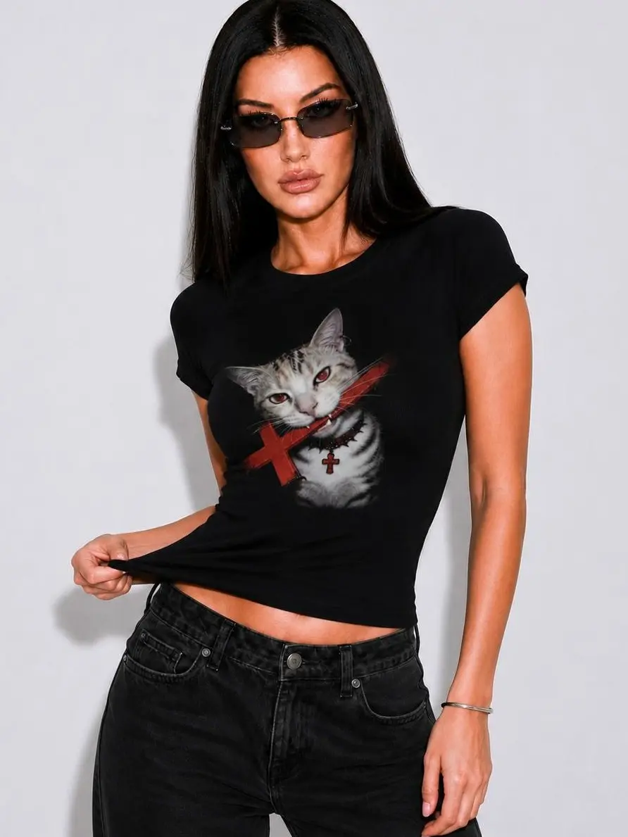 Women’s Black Stretch Polyester Ribbed Raglan Crop Top, Gothic Punk Tabby Cat Bite Red Cross Spiked Collar Graphic Slim Fit Baby Tee, Y2K Dark Alternative Streetwear Short Sleeve T-Shirt For Daily Club Outfits