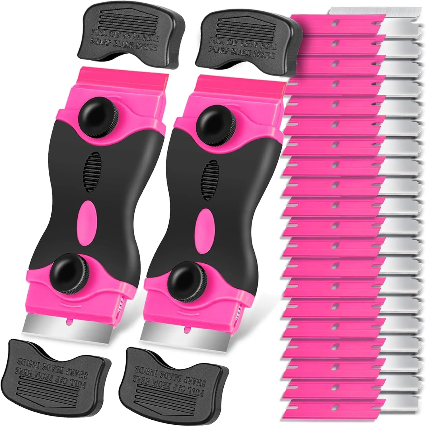 Pink Dual-Blade Razor Scraper Scrappers Tool - 2-in-1 Multi-Surface Cleaning Tool for Glass/Kitchen, Metal-Plastic Construction, 20 Blades, 1-Pack or 2-Pack